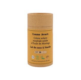 Créme solaire minérale solide à l'huile de Moringa SPF30 Lait de coco & Vanille - Comme Avant - Solaires