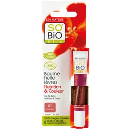 Baume huile à lèvres, nutrition et couleur - 01 corail satin - So'bio étic - Maquillage