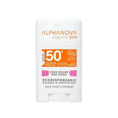 Stick solaire rose très haute protection visage SPF50+ - ALPHANOVA ORGANIC SUN - Solaires