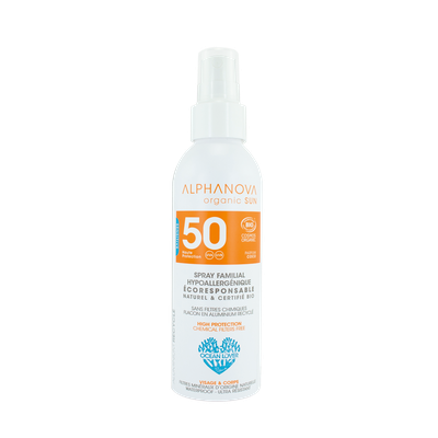 Spray solaire familial hypoallergénique  SPF50 - ALPHANOVA ORGANIC SUN - Solaires