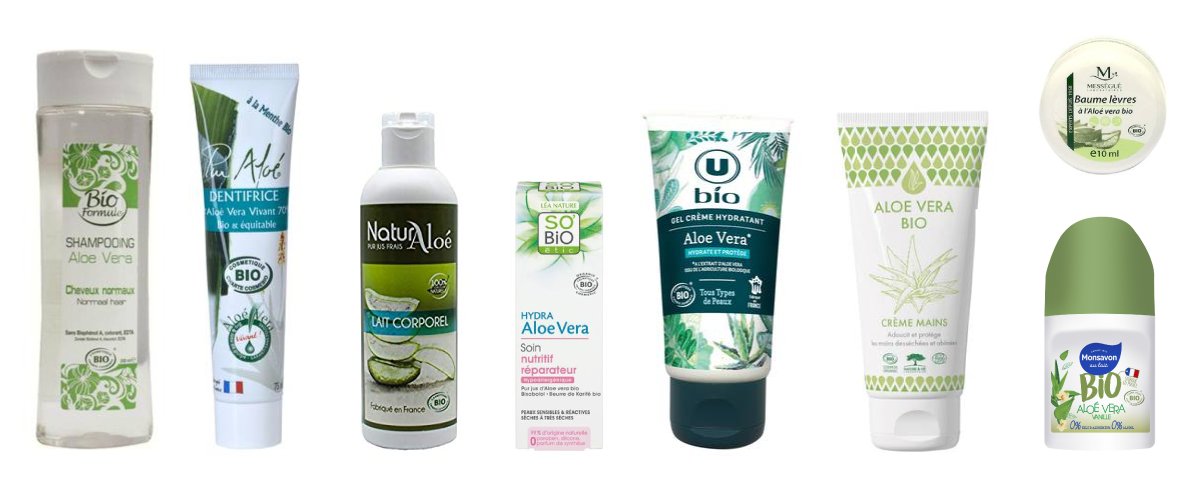 Exemples de cosmétiques labellisés à l'aloe vera - Sélection non exhaustive